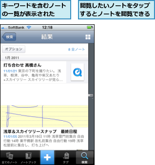 キーワードを含むノートの一覧が表示された  ,閲覧したいノートをタップするとノートを閲覧できる