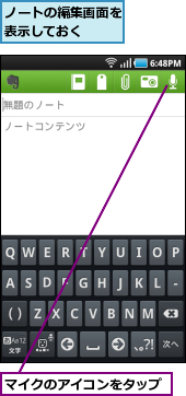 ノートの編集画面を表示しておく  ,マイクのアイコンをタップ