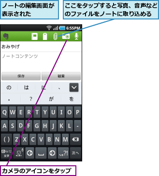 ここをタップすると写真、音声などのファイルをノートに取り込める,カメラのアイコンをタップ,ノートの編集画面が表示された    