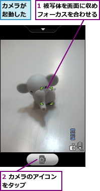 1 被写体を画面に収めフォーカスを合わせる,2 カメラのアイコンをタップ      ,カメラが起動した