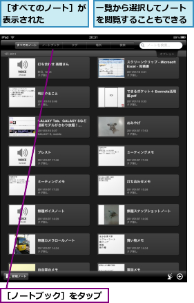 一覧から選択してノートを閲覧することもできる,［すべてのノート］が表示された    ,［ノートブック］をタップ