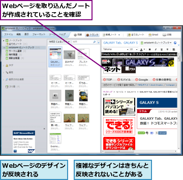 Webページのデザインが反映される　　,Webページを取り込んだノートが作成されていることを確認,複雑なデザインはきちんと反映されないことがある