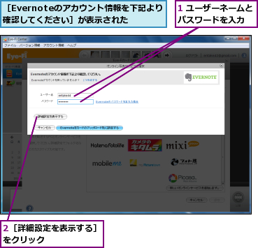 1 ユーザーネームとパスワードを入力　　,2［詳細設定を表示する］をクリック　　　　　　　,［Evernoteのアカウント情報を下記より確認してください］が表示された