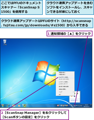 1 通知領域の［▲］をクリック,2［ScanSnap Manager］を右クリックして［Scanボタンの設定］をクリック,ここではPFUのドキュメントスキャナー「ScanSnap S1500」を使用する,クラウド連携アップデートはPFUのサイト（http://scansnap. fujitsu.com/jp/downloads/#s1500）から入手できる,クラウド連携アップデートを含むソフトをインストールし、スキャンできる状態にしておく