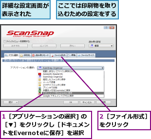 1［アプリケーションの選択] の［▼］をクリックし［ドキュメン　トをEvernoteに保存］を選択　　　　　,2［ファイル形式］をクリック　　　,ここでは印刷物を取り込むための設定をする,詳細な設定画面が表示された　　