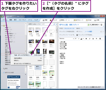 1 下層タグを作りたいタグを右クリック　　,2［"（タグの名前）" にタグを作成］をクリック　　　　　　