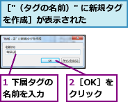 1 下層タグの名前を入力　　,2［OK］をクリック,［"（タグの名前）" に新規タグを作成］が表示された　　　　　　　　