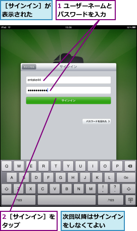 1 ユーザーネームとパスワードを入力  ,2［サインイン］をタップ      ,次回以降はサインインをしなくてよい  ,［サインイン］が表示された  
