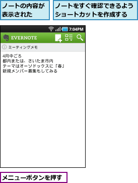 ノートの内容が表示された  ,ノートをすぐ確認できるようショートカットを作成する,メニューボタンを押す