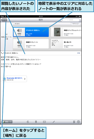 地図で表示中のエリアに対応したノートの一覧が表示される  ,閲覧したいノートの内容が表示された,［ホーム］をタップすると［場所］に戻る    