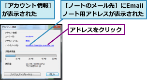 アドレスをクリック,［アカウント情報］が表示された　　,［ノートのメール先］にEmailノート用アドレスが表示された