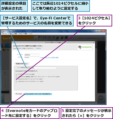 3［1024ピクセル］をクリック　　,4［Evernoteをカードのアップロード先に設定する］をクリック,5 設定完了のメッセージが表示されたら［×］をクリック　　,ここでは長辺1024ピクセルに縮小して取り組むように設定する　　,詳細設定の項目が表示された,［サービス設定名］で、Eye-Fi Centerで管理するためのサービスの名前を変更できる　　　　