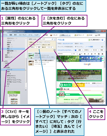 1［属性］の左にある三角形をクリック　　,2［次を含む］の左にある三角形をクリック　　　,3［Ctrl］キーを押しながら［イメージ］をクリック,4 ここをクリック,一覧が長い場合は［ノートブック］［タグ］の左にある三角形をクリックして一覧を非表示にする　　,［○個のノート［すべてのノートブック］マッチ：次の［すべて］に対して：タグ［行きたい］［埼玉］含んで［イメージ］］と表示された