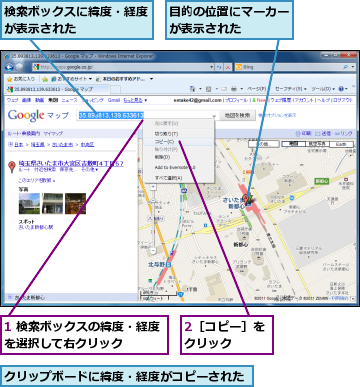 1 検索ボックスの緯度・経度を選択して右クリック　　　,2［コピー］をクリック　　,クリップボードに緯度・経度がコピーされた,検索ボックスに緯度・経度が表示された　　　　　　,目的の位置にマーカーが表示された　　　　