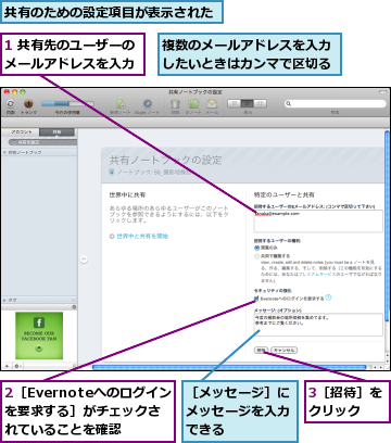 1 共有先のユーザーのメールアドレスを入力,2［Evernoteへのログインを要求する］がチェックされていることを確認,3［招待］をクリック  ,共有のための設定項目が表示された,複数のメールアドレスを入力したいときはカンマで区切る,［メッセージ］にメッセージを入力できる      