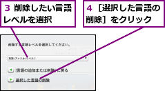 ３ 削除したい言語レベルを選択  ,４［選択した言語の削除］をクリック