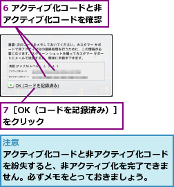 6 アクティブ化コードと非アクティブ化コードを確認,7［OK（コードを記録済み）］をクリック        