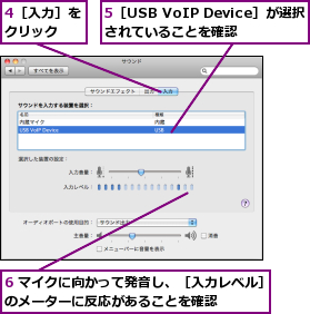 4［入力］をクリック  ,5［USB VoIP Device］が選択されていることを確認,6 マイクに向かって発音し、［入力レベル］のメーターに反応があることを確認    