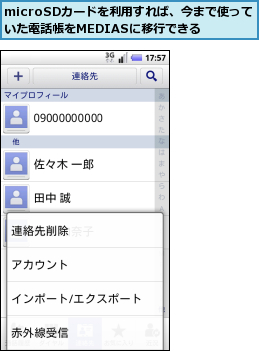 microSDカードを利用すれば、今まで使って いた電話帳をMEDIASに移行できる