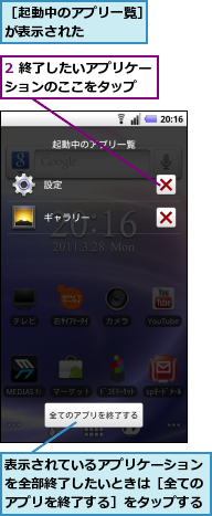 2 終了したいアプリケーションのここをタップ　　,表示されているアプリケーションを全部終了したいときは［全てのアプリを終了する］をタップする,［起動中のアプリ一覧］が表示された　　　　