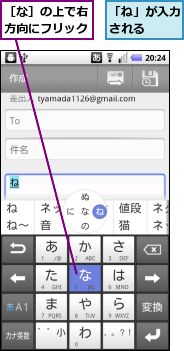 「ね」が入力される　　,［な］の上で右方向にフリック