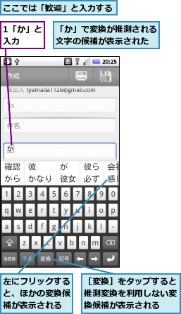 1「か」と入力　　,「か」で変換が推測される文字の候補が表示された,ここでは「歓迎」と入力する,左にフリックすると、ほかの変換候補が表示される,［変換］をタップすると推測変換を利用しない変換候補が表示される