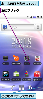 ここをタップしてもよい,ホーム画面を表示しておく,左にフリック