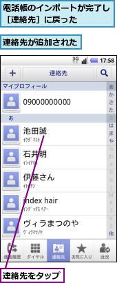 連絡先が追加された,連絡先をタップ,電話帳のインポートが完了し［連絡先］に戻った　　　