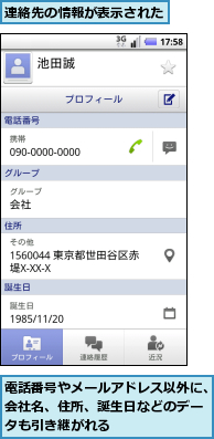 連絡先の情報が表示された,電話番号やメールアドレス以外に、会社名、住所、誕生日などのデータも引き継がれる