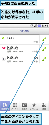 手順2の画面に戻った,連絡先が保存され、相手の名前が表示された　　　,電話のアイコンをタップすると電話をかけられる