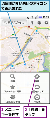 1 メニューキーを押す,2［経路］をタップ　　,現在地が青い矢印のアイコンで表示された　　　　　　　