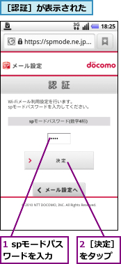 1 spモードパスワードを入力,2［決定］をタップ,［認証］が表示された