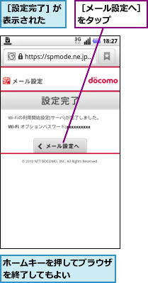 ホームキーを押してブラウザを終了してもよい　　　　,［メール設定へ］をタップ　　　　,［設定完了] が表示された　　