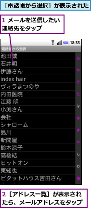 1 メールを送信したい連絡先をタップ　　　,2［アドレス一覧］が表示されたら、メールアドレスをタップ,［電話帳から選択］が表示された