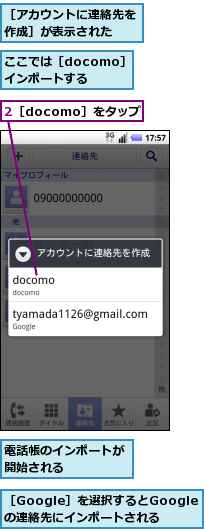 2［docomo］をタップ,ここでは［docomo］にインポートする,電話帳のインポートが開始される　　　　,［Google］を選択するとGoogleの連絡先にインポートされる,［アカウントに連絡先を作成］が表示された　　