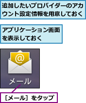 アプリケーション画面を表示しておく　　,追加したいプロバイダーのアカウント設定情報を用意しておく,［メール］をタップ