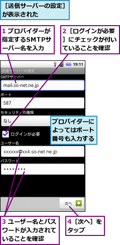 1 プロバイダーが指定するSMTPサ　ーバー名を入力,2［ログインが必要］にチェックが付いていることを確認,3 ユーザー名とパスワードが入力されて　いることを確認,4［次へ］をタップ　　,プロバイダーによってはポート番号も入力する,［送信サーバーの設定］が表示された　　　　