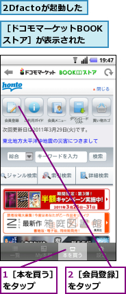 1［本を買う］をタップ　　,2Dfactoが起動した,2［会員登録］をタップ　　　,［ドコモマーケットBOOKストア］が表示された