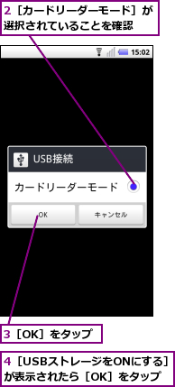 2［カードリーダーモード］が選択されていることを確認　　,3［OK］をタップ,4［USBストレージをONにする］が表示されたら［OK］をタップ