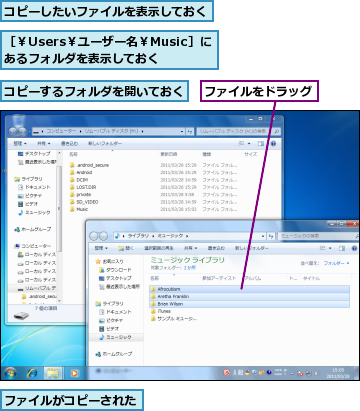 コピーしたいファイルを表示しておく,コピーするフォルダを開いておく,ファイルがコピーされた,ファイルをドラッグ,［￥Users￥ユーザー名￥Music］にあるフォルダを表示しておく　　　