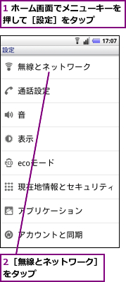 1 ホーム画面でメニューキーを押して［設定］をタップ　　　　,2［無線とネットワーク］をタップ　　　　　　　　