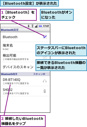 1［Bluetooth］をチェック,2 接続したいBluetooth機器名をタップ,Bluetoothがオンになった,ステータスバーにBluetoothのアイコンが表示された,接続できるBluetooth機器の一覧が表示された,［Bluetooth設定］が表示された