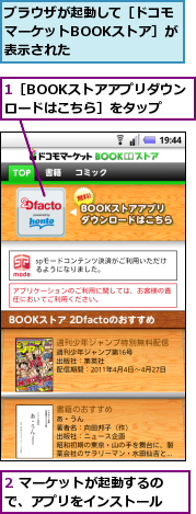 1［BOOKストアアプリダウンロードはこちら］をタップ,2 マーケットが起動するので、アプリをインストール,ブラウザが起動して［ドコモマーケットBOOKストア］が表示された