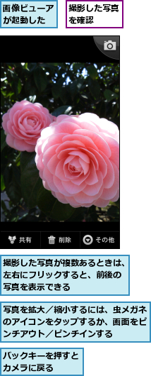 バックキーを押すとカメラに戻る　　,写真を拡大／縮小するには、虫メガネのアイコンをタップするか、画面をピンチアウト／ピンチインする,撮影した写真が複数あるときは、左右にフリックすると、前後の　写真を表示できる,撮影した写真を確認　　,画像ビューアが起動した