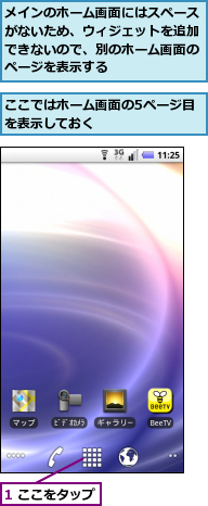 1 ここをタップ,ここではホーム画面の5ページ目を表示しておく　　　　　　　,メインのホーム画面にはスペースがないため、ウィジェットを追加できないので、別のホーム画面のページを表示する