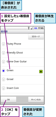 1 設定したい着信音をタップ　　　　　,2［OK］をタップ,着信音が再生される　　,着信音が変更された　　,［着信音］が表示された