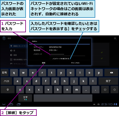 1 パスワードを入力　　　,2［接続］をタップ,パスワードが設定されていないWi-Fiネットワークの場合はこの画面は表示されず、自動的に接続される,パスワードの入力画面が表示された,入力したパスワードを確認したいときは［パスワードを表示する］をチェックする
