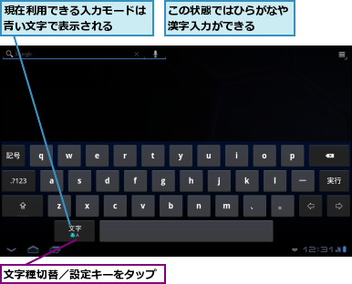この状態ではひらがなや漢字入力ができる  ,文字種切替／設定キーをタップ,現在利用できる入力モードは青い文字で表示される  