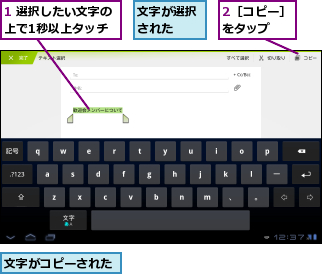 1 選択したい文字の上で1秒以上タッチ,2［コピー］をタップ  ,文字がコピーされた,文字が選択された  