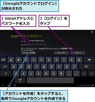 1 Gmailアドレスとパスワードを入力,2［ログイン］をタップ    ,［Googleアカウントでログイン］が表示された      ,［アカウントを作成］をタップすると、新規でGoogleアカウントを作成できる    
